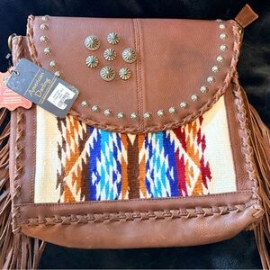 American Darling Brown Leather Crossbody with Multicolor Pattern